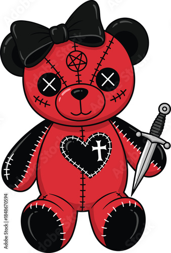 Vector Illustration of a Creepy Red and Black Gothic Teddy Bear Holding a Dagger with a Pentagram Symbol