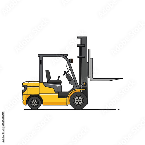 Illustration of a yellow forklift with black seats and gray steering wheel showing side profile