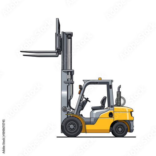 Modern yellow forklift truck with lifting mast and operator cabin for industrial material handling