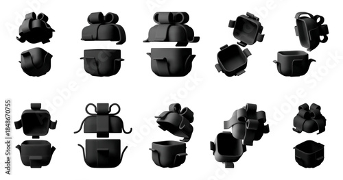 Black 3D render gift box with ribbon and bow in various states. Celebration surprise, holiday present for Birthday or Christmas. Vector illustration