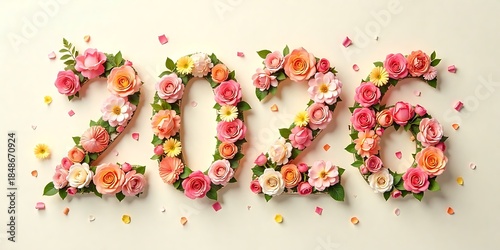 whimsical floral 'Happy New Year 2026' with pastel roses and confetti on light white background