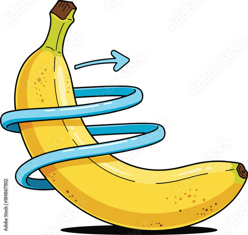 Vector Illustration of a Fresh Yellow Banana Wrapped in a Blue Graphic Spiral Swirl Representing Energy and Movement
