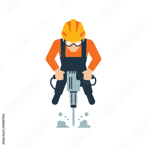 Illustration of a construction worker operating a jackhammer in action with safety gear and
