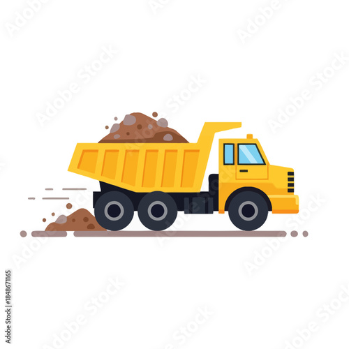 Illustration of a yellow dump truck transporting soil on a construction site