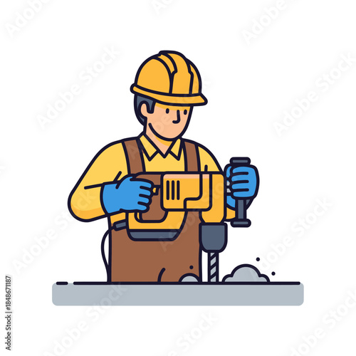 Animated construction worker operating a jackhammer illustrating manual labor and safety in