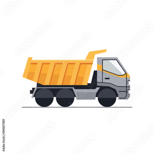 Minimalist Illustration of Construction Dump Truck with Bright Orange Bed on White Background