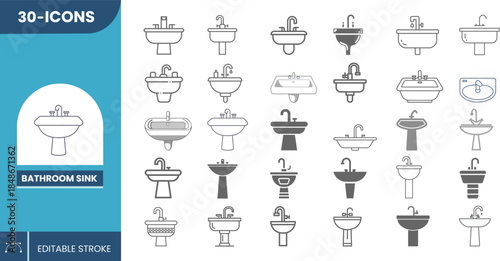 Editable Vector Bathroom Sink Icon Set – Modern Wash Basin Symbols for Interior Design, Architecture & User Interface.