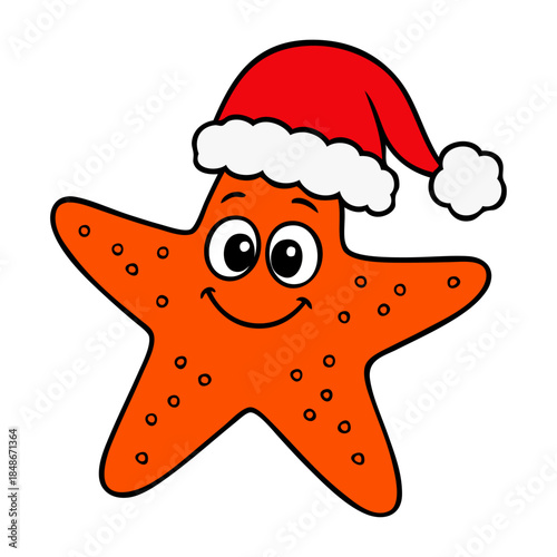 Dibujo sencillo con líneas de estrella de mar simpática con sombrero de Santa Claus para tarjetas y felicitaciones de Navidad