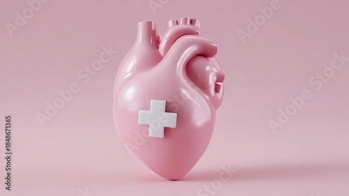 Pink heart model with medical cross on pastel background