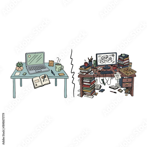 A clean desk on one side, a cluttered desk on the other
