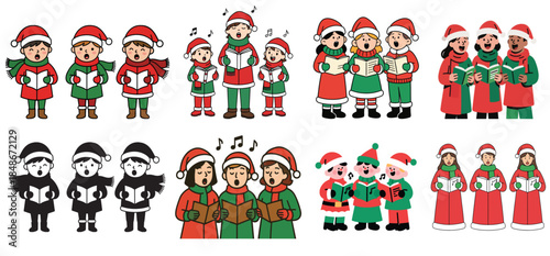 Set of cute Christmas carolers singing in groups, cartoon characters in Santa hats, vector illustration۔
