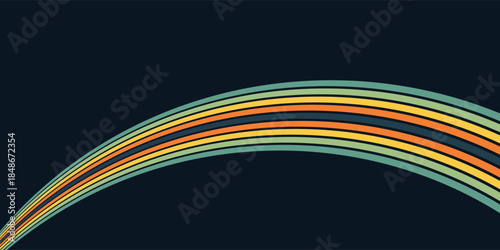 Abstract colorful 70s background vector. Vintage retro wallpaper with rainbow stripes and wavy lines. A 1970 color illustration suitable for posters, banners, decorative items and wall art.