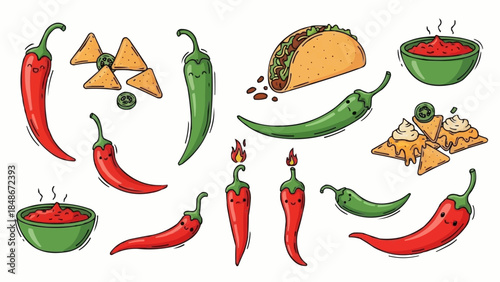 Spicy Mexican Food Fiesta with Chili Peppers and Nachos.