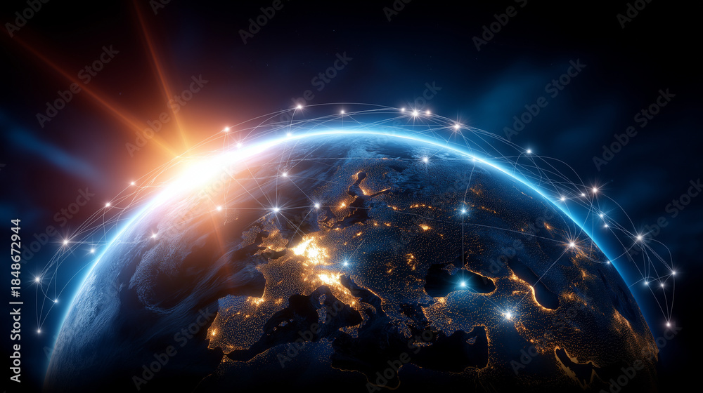 Fototapeta premium Digital rendering of Earth with glowing light representing network of global connections, planetary communication, worldwide data infrastructure, illuminated continents, internatio