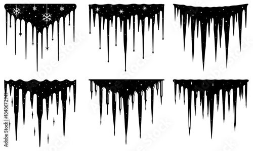 Icicles hanging from a dark night sky with stars and snowflakes on a white background winter