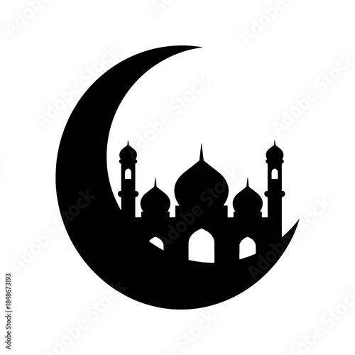 Islamic Mosque Silhouette in Crescent Moon Ramadan Vector Illustration