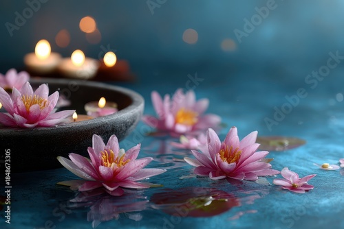 Pink Lotus Flowers Floating in Water with Candlelight Glow on Dark Blue Backdrop Spa Serene Relaxation Wellbeing Meditation