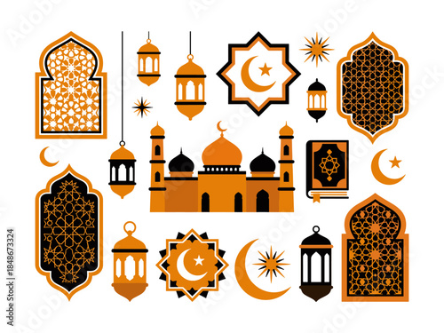 Luxury Islamic design set for Ramadan. Includes mosque silhouettes, hanging lanterns, crescent moons, and intricate gold and black window patterns