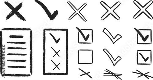 Tick and cross black signs. Gray checkmark OK and red X icons, isolated on white background. Simple marks graphic design. Circle symbols YES and NO button for vote, decision, web.