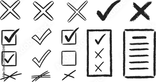 Tick and cross black signs. Gray checkmark OK and red X icons, isolated on white background. Simple marks graphic design. Circle symbols YES and NO button for vote, decision, web.