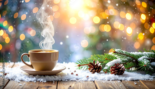 Close-up hot coffee with steam, wooden surface, pine leaves, light snow for cozy feel and Bokeh..