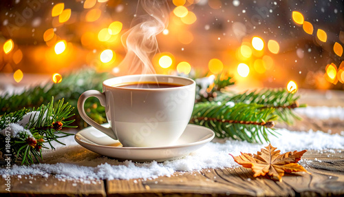 Warm cup of coffee on aged wood, pine needles and falling snow, winter comfort scene and Bokeh..