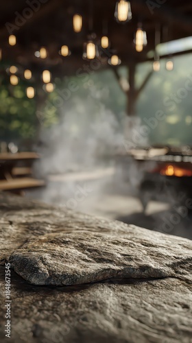 Rustic Wooden Surface with Soft Focus Barbecue Grill and Ambient Lighting Under a Gazebo Amidst Green Trees