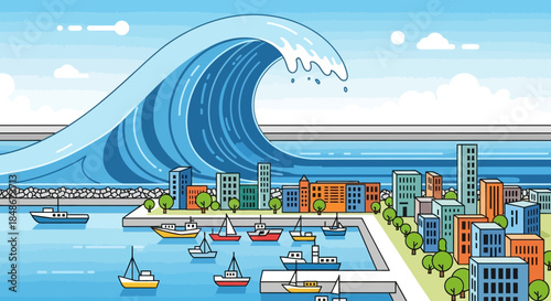 Cartoon Tsunami Wave Approaching Coastal City with Boats in Harbor.