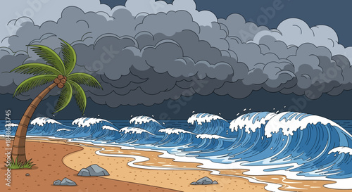 Cartoon Beach Scene with Stormy Clouds and Waves.