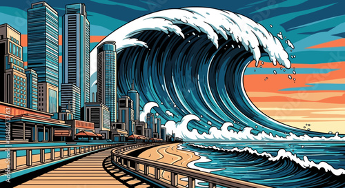 Giant Tsunami Wave Approaching Coastal City Skyline Illustration.