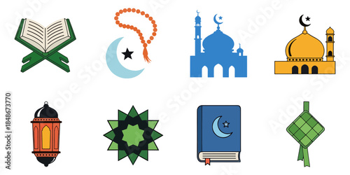Vibrant collection of Islamic symbols including the Quran, prayer beads, mosques, lanterns, and ketupat.