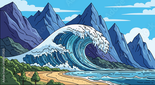 Cartoon Ocean Wave with Mountains and Beach Landscape.