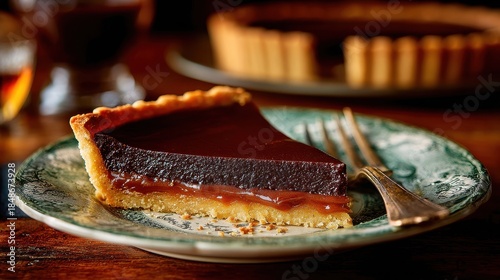 Slice of Shiny Chocolate Tart with Golden Crust on Decorative Plate with Ornate Silver Fork and Glass on Rustic Wood Table Top