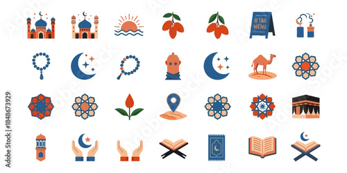 Islamic Ramadan Kareem Lifestyle Icon Set Religious and Festive Symbols