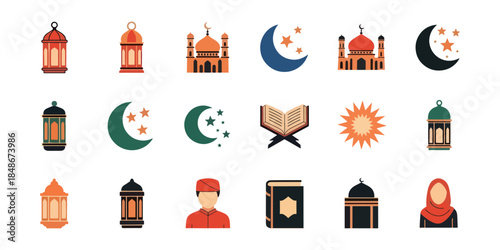 Islamic Ramadan Kareem Icon Set Colorful Lanterns Mosques and Religious Symbols