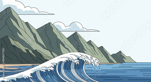 Cartoon Ocean Wave with Mountains and Clouds Illustration.