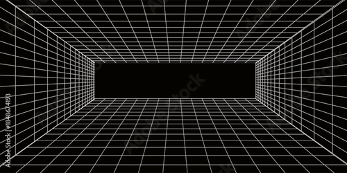 Futuristic digital hallway space blank gray-black color background with white grid space line color surfaces. Cyber, technology, banners, covers, terrain, sci-fi, frames, and related background.