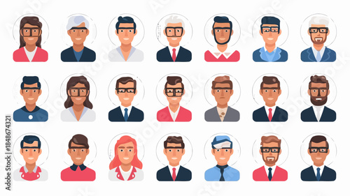 Diverse group of cartoon characters with various expressions and accessories isolated on