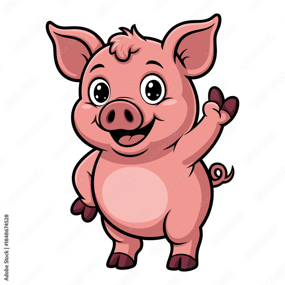 Obraz premium Illustration of a cheerful cartoon pig waving with a friendly smile on its face isolated on transparent background