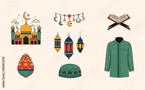 Islamic Ramadan Kareem Icon Set, Muslim Lifestyle and Religious Ritual Vectors