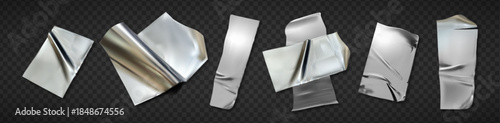 Duct tape collection of silver adhesive patches with authentic creases and reflective surface. Metallic realistic 3d scotch tape strips in diverse shapes - wrinkled, folded and crossed foil stickers