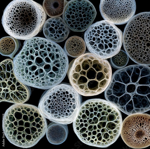 Microscopic view of diverse radiolarian skeletons in various colors
