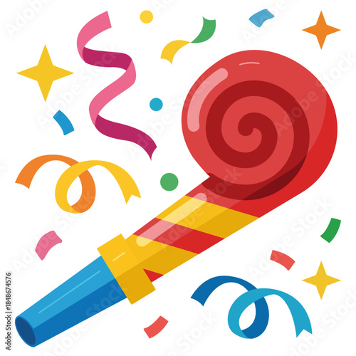 Red and Gold Party Blower Horn with Confetti Ribbons Vector