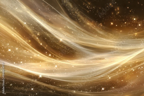 Swirling Golden Light Streaks and Glittering Particles on Dark Brown Background Creating an Elegant Festive Atmosphere Perfect for Celebrations and Events