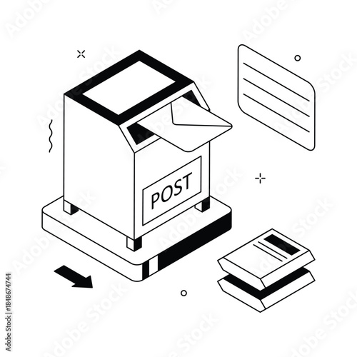 A trendy Postal mailbox illustration representing mail, letters, and parcel delivery