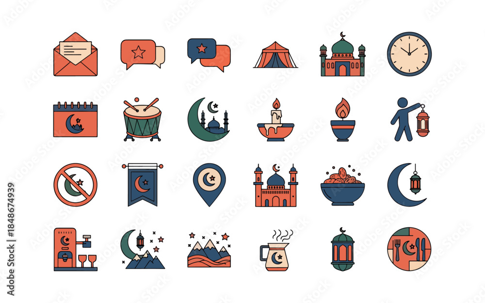 Fototapeta premium Islamic Ramadan Kareem Icon Set Muslim Communication and Religious Lifestyle Vectors