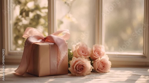 Gift Box and Pink Roses by Window with Gentle Breeze