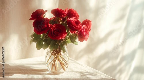 Red Rose Bouquet in Clear Vase with Sunlight