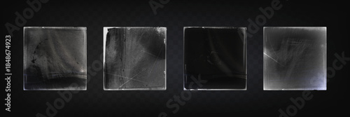 Vinyl plastic wraps with realistic wrinkles and creases on dark bg. Clear polyethylene film covers with glossy texture, scratches and distressed surface effects - mockup sleeves for CD album packaging