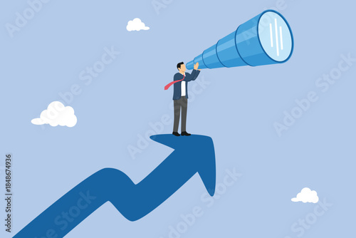 Business opportunity or investment and market prediction, profit and earning forecast concept, future growth or career development, vision businessman climb up rising arrow with big telescope spyglass